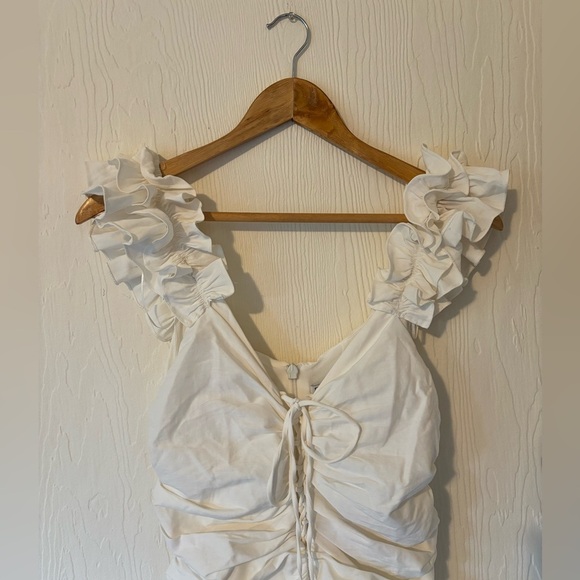 ZARA NWT White Draped Ruched Linen Ruffle Strap Contour Bodycon Tie Mini Dress - Picture 6 of 17